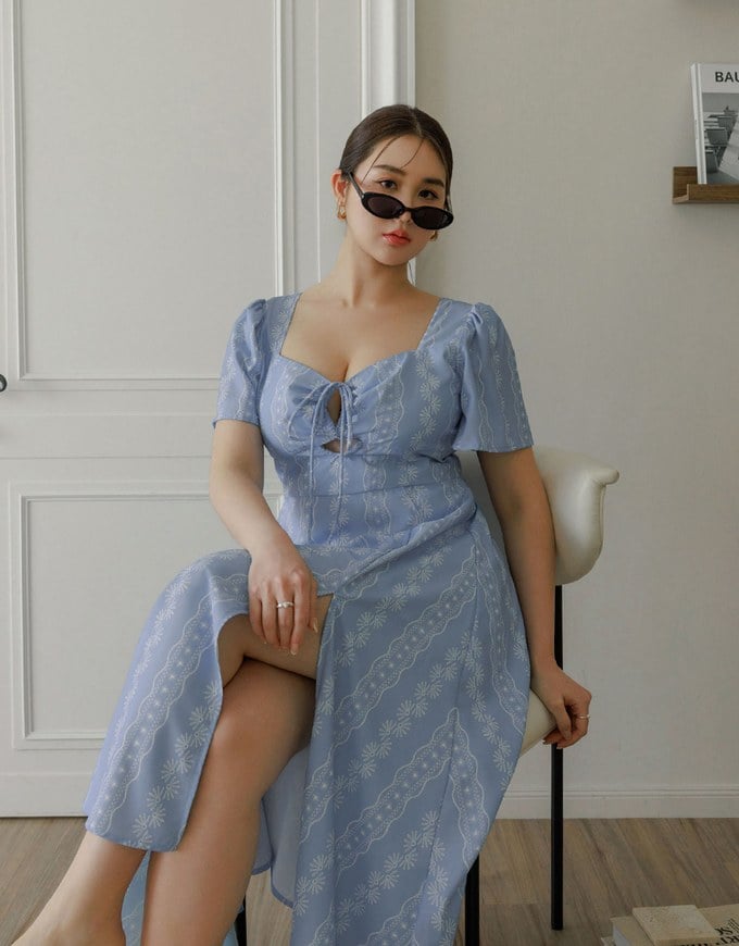 Dainty Floral Embroidery Front Tie Cut Out Padded Flowy Maxi Dress