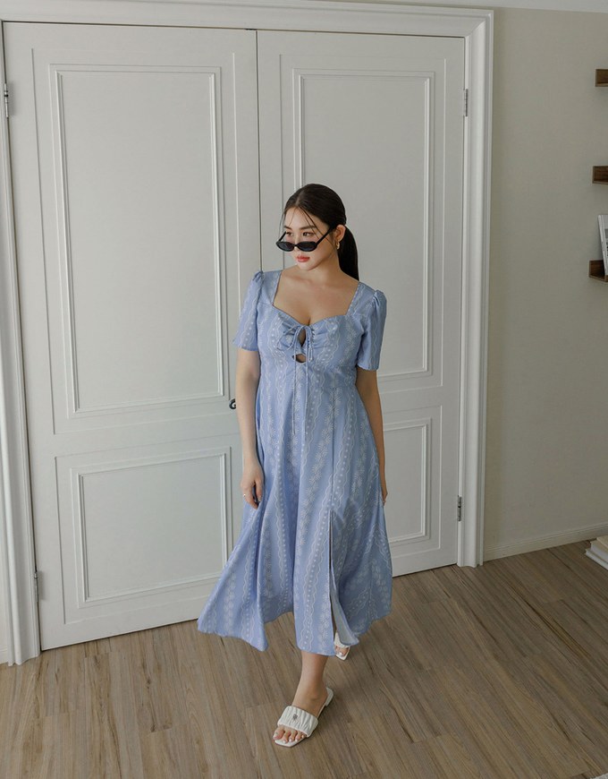 Dainty Floral Embroidery Front Tie Cut Out Padded Flowy Maxi Dress