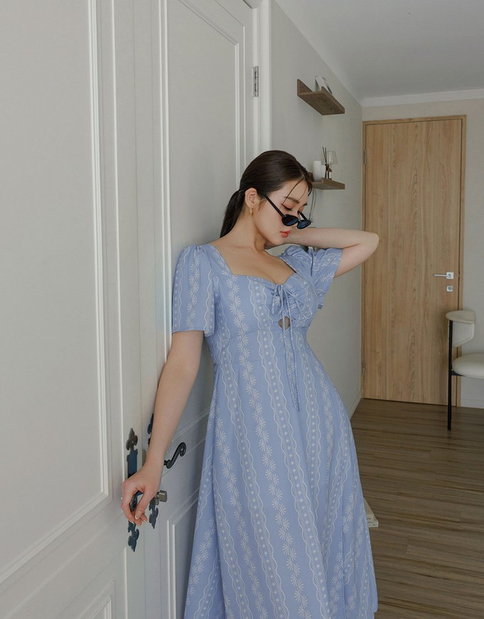 Dainty Floral Embroidery Front Tie Cut Out Padded Flowy Maxi Dress