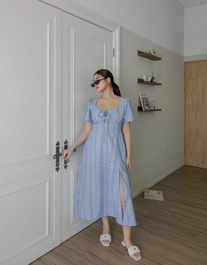 Dainty Floral Embroidery Front Tie Cut Out Padded Flowy Maxi Dress