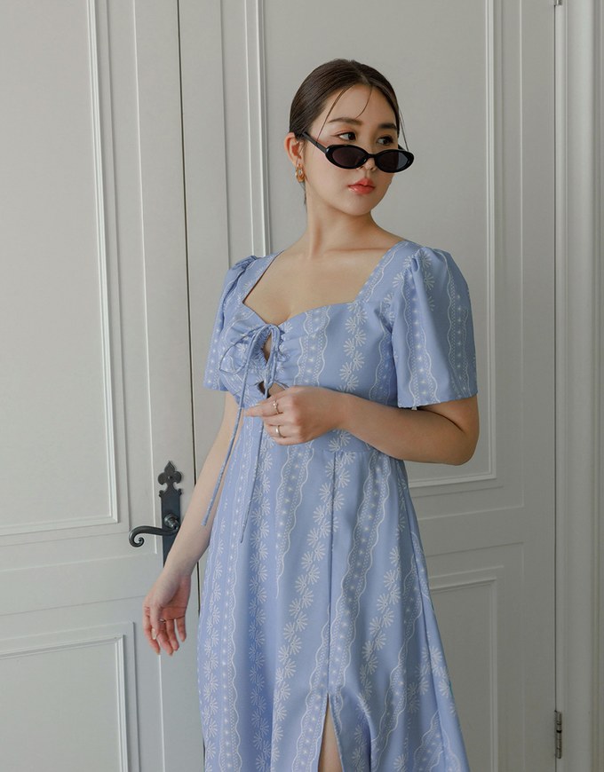Dainty Floral Embroidery Front Tie Cut Out Padded Flowy Maxi Dress