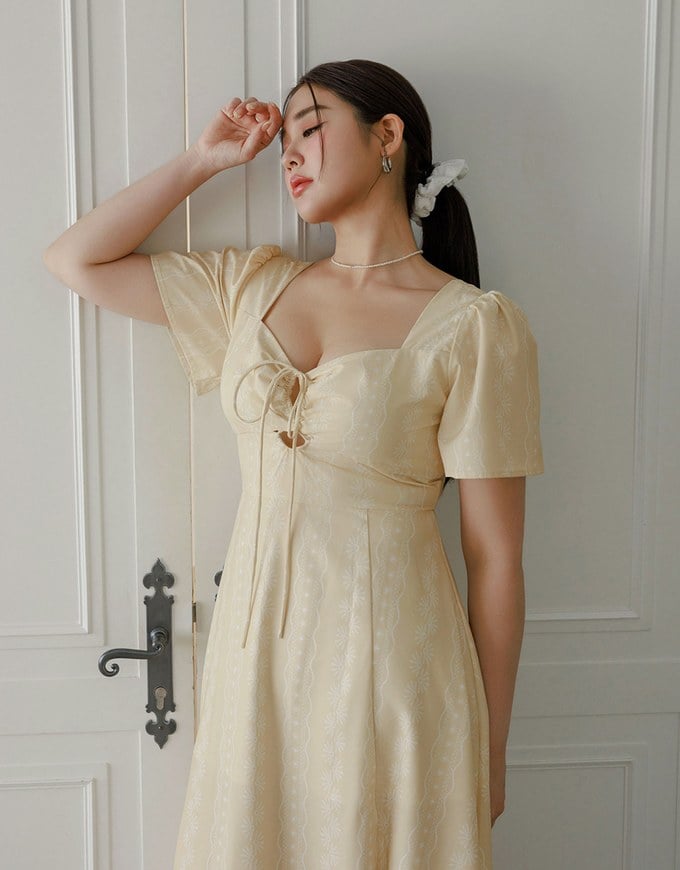 Dainty Floral Embroidery Front Tie Cut Out Padded Flowy Maxi Dress