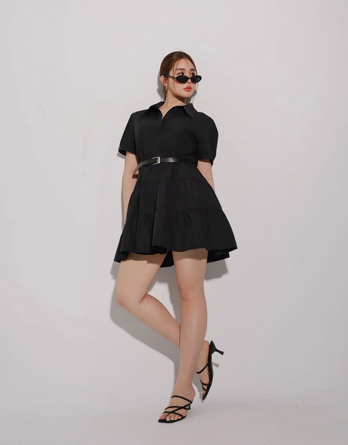 Button Down Puff Sleeve Flare Hem Tiered Mini Shirt Dress