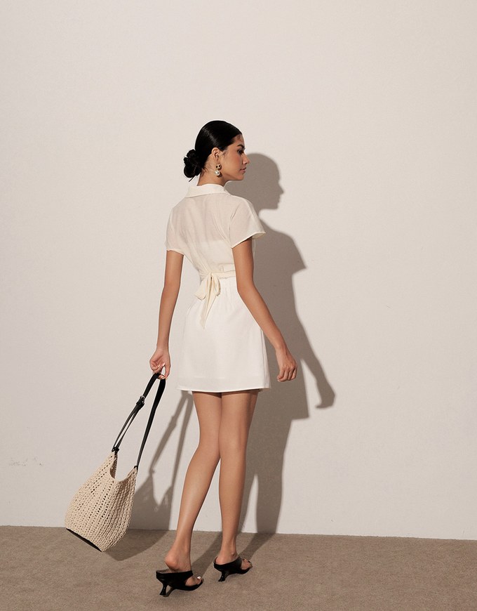 Cross Strap Waist Cut Out Detail Tailored Shirt Dress