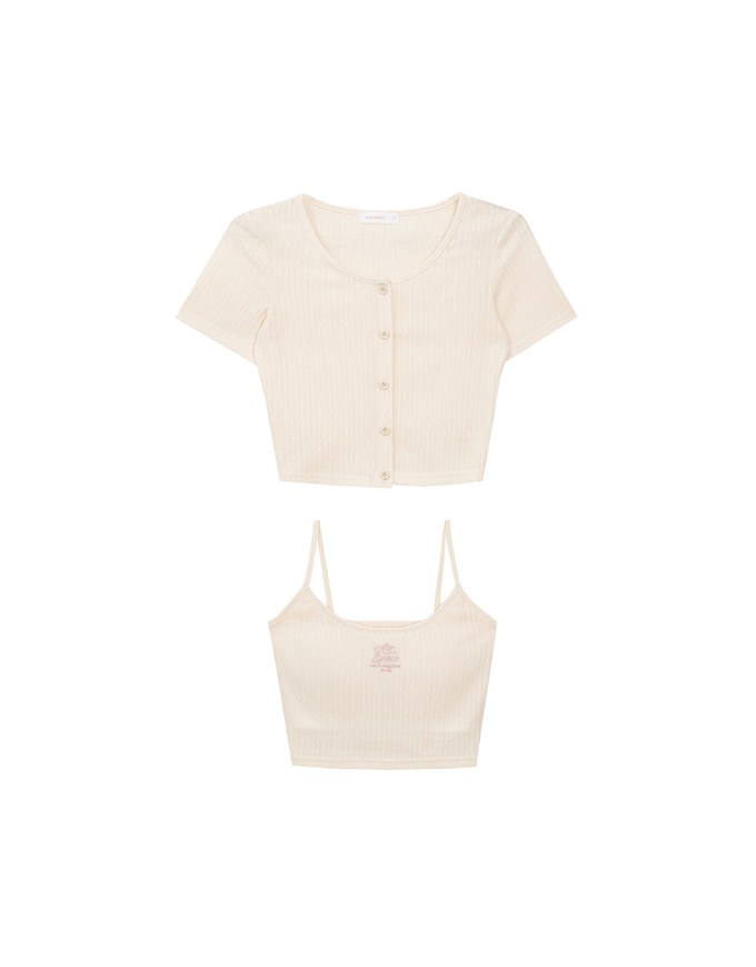 Short Sleeve Buttoned Knit Cardigan And AIR SPACE Logo Embroidered Ribbed Cami Padded Crop Top Set Wear