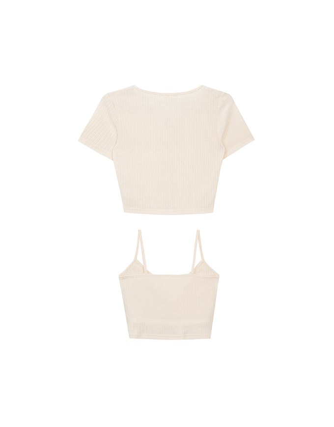 Short Sleeve Buttoned Knit Cardigan And AIR SPACE Logo Embroidered Ribbed Cami Padded Crop Top Set Wear
