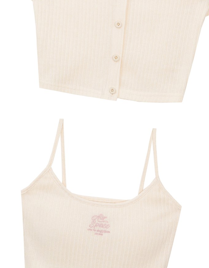 Short Sleeve Buttoned Knit Cardigan And AIR SPACE Logo Embroidered Ribbed Cami Padded Crop Top Set Wear