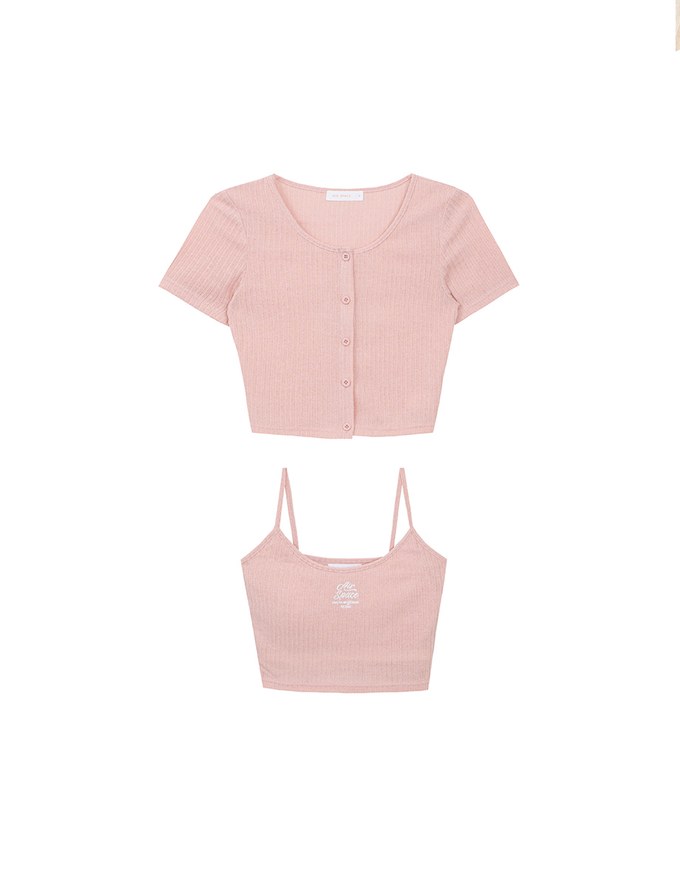 Short Sleeve Buttoned Knit Cardigan And AIR SPACE Logo Embroidered Ribbed Cami Padded Crop Top Set Wear