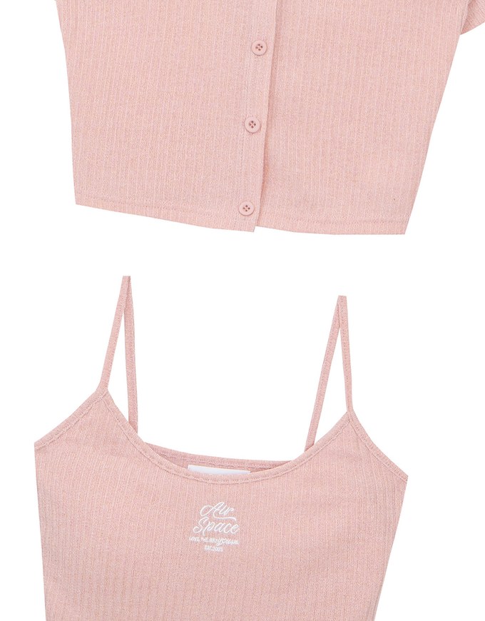 Short Sleeve Buttoned Knit Cardigan And AIR SPACE Logo Embroidered Ribbed Cami Padded Crop Top Set Wear