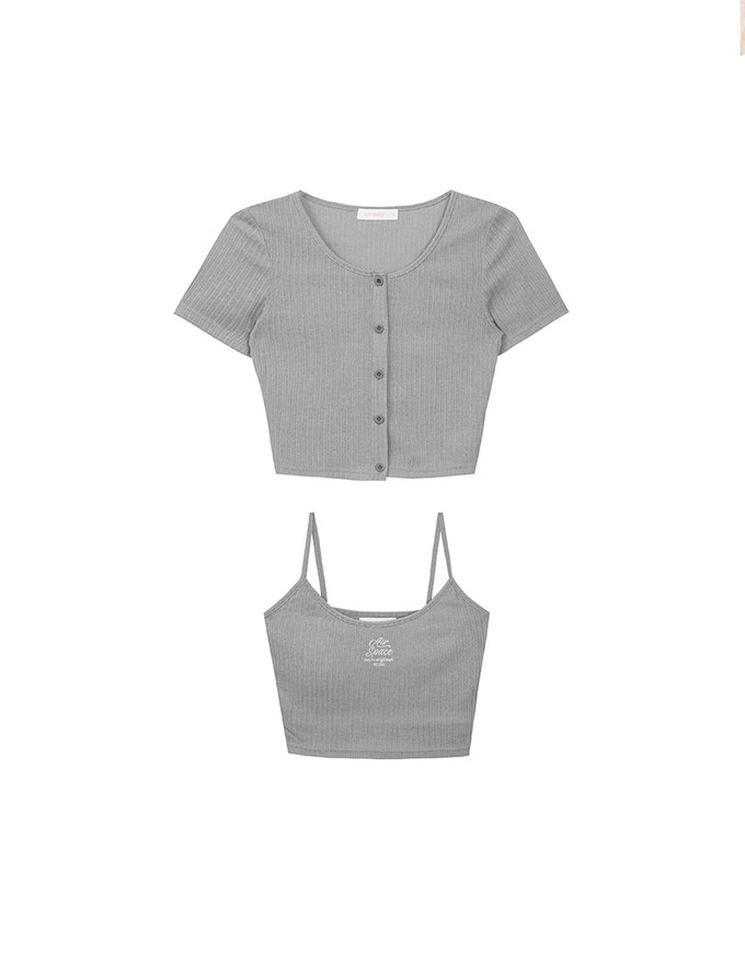 Short Sleeve Buttoned Knit Cardigan And AIR SPACE Logo Embroidered Ribbed Cami Padded Crop Top Set Wear