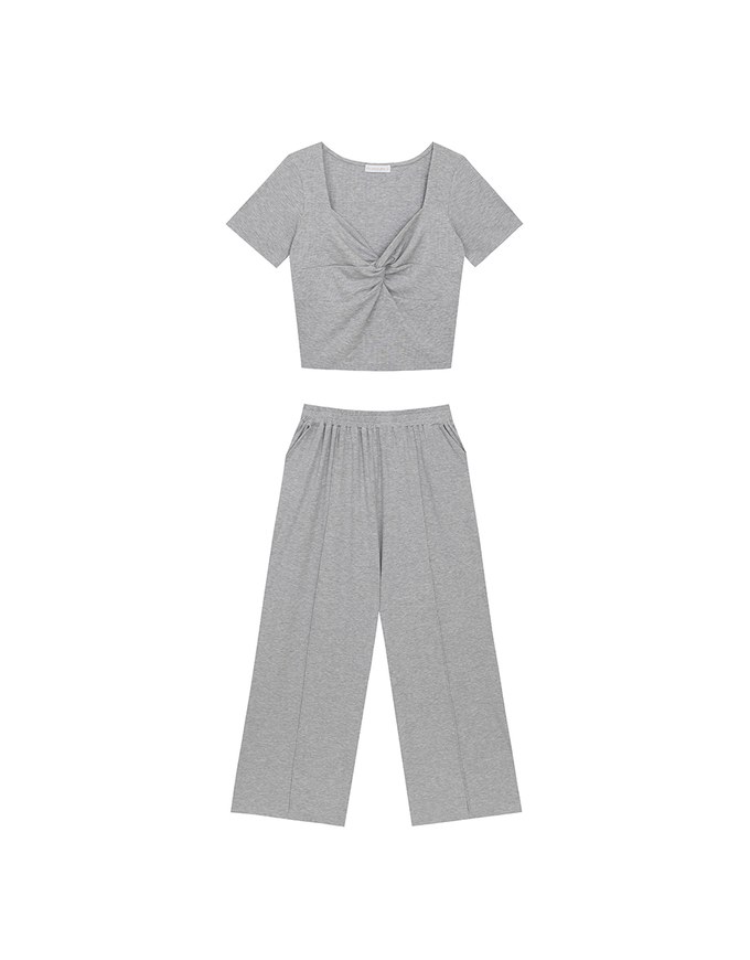 Twist Front Short Sleeve Cropped Top and Elastic Waist Relaxed Pants Setwear