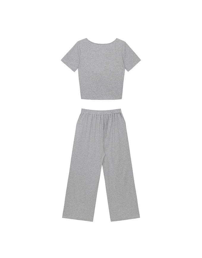 Twist Front Short Sleeve Cropped Top and Elastic Waist Relaxed Pants Setwear
