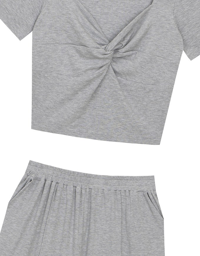 Twist Front Short Sleeve Cropped Top and Elastic Waist Relaxed Pants Setwear