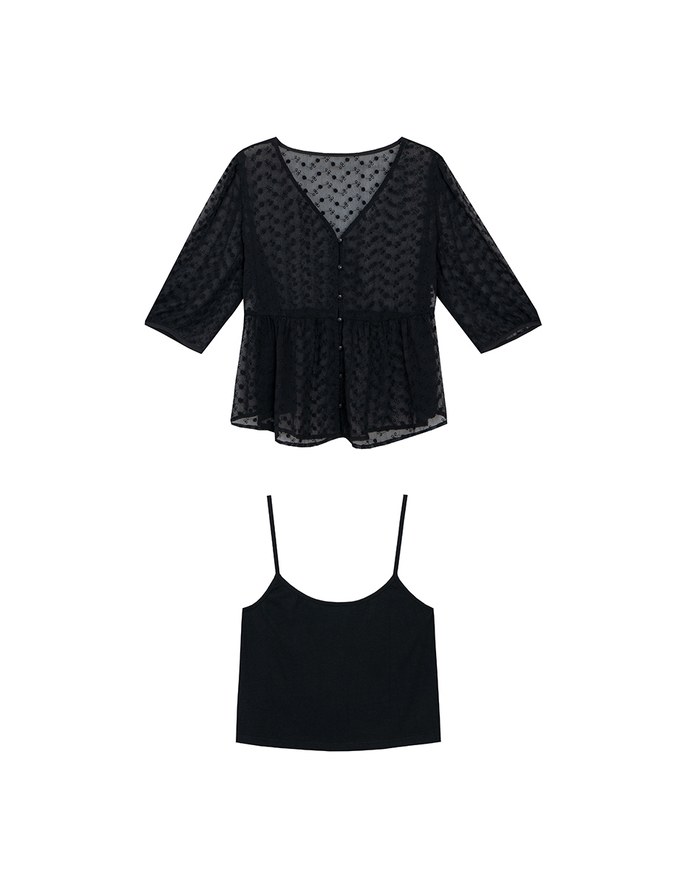 V Neck Sheer Embroidered Peplum Blouse and Basic Camisole Top Set Wear