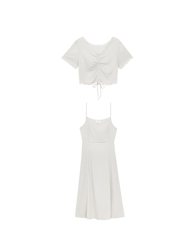 DRESS + TOP SET Checkered Ruched Front Blouse and Spaghetti Strap Midi Dress Set Wear