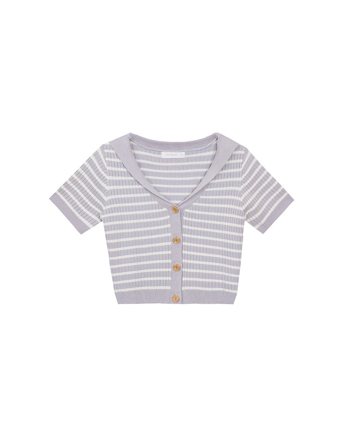 Cropped Knit Top with Striped Pattern and Sailor Collar