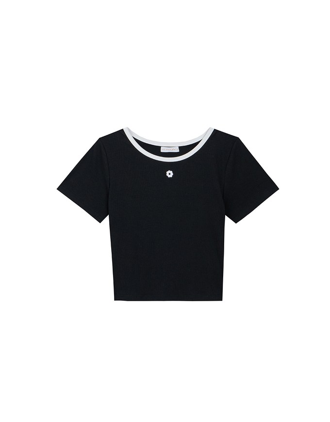Floral Embroidery Contrast Trim Fitted Ribbed Top