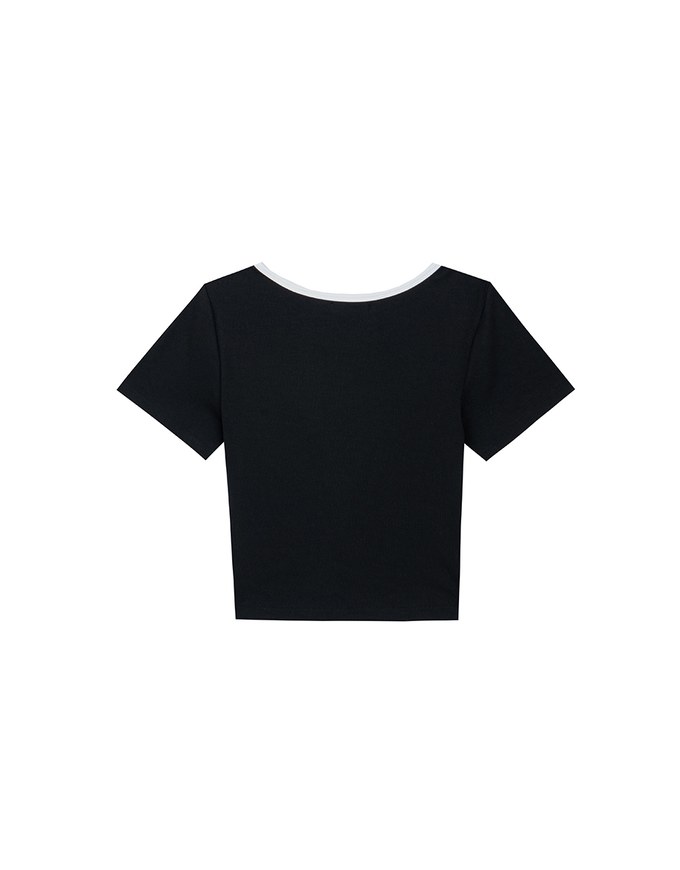 Floral Embroidery Contrast Trim Fitted Ribbed Top