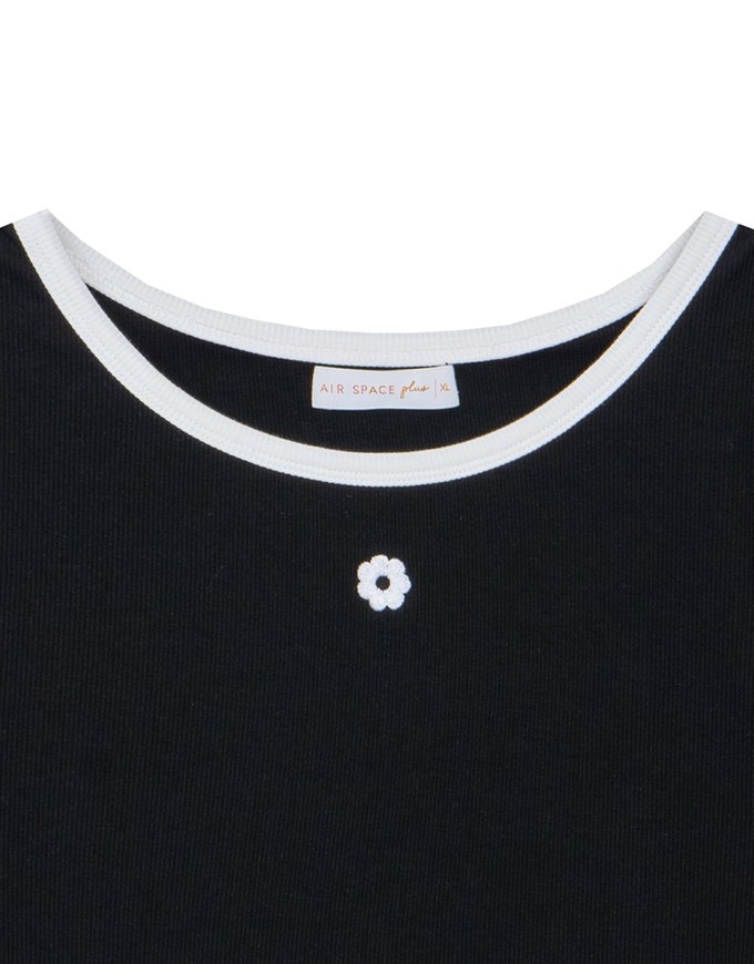 Floral Embroidery Contrast Trim Fitted Ribbed Top