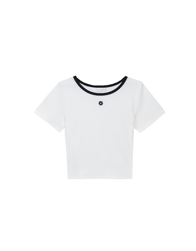Floral Embroidery Contrast Trim Fitted Ribbed Top
