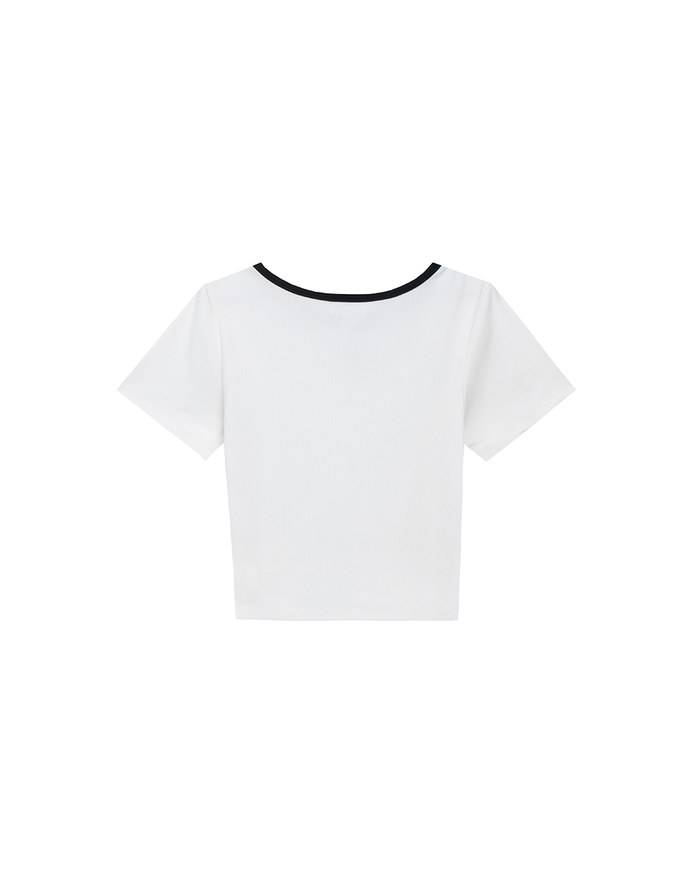 Floral Embroidery Contrast Trim Fitted Ribbed Top
