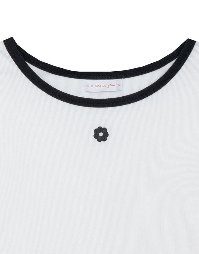 Floral Embroidery Contrast Trim Fitted Ribbed Top