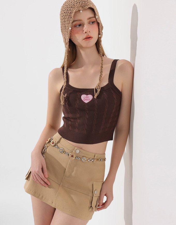 Ribbed Cable Knit Crop Tank Top with AIR SPACE Logo Embroidered Heart Detail