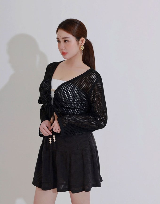 2 Way Ruched Openwork Crochet Knit Cardigan Top with Beaded Tassels