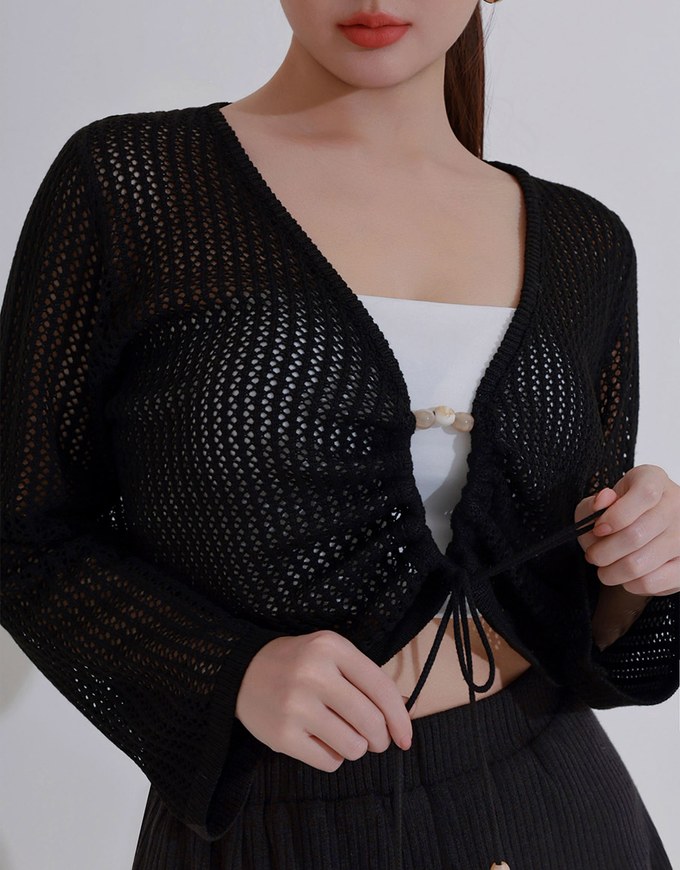 2 Way Ruched Openwork Crochet Knit Cardigan Top with Beaded Tassels