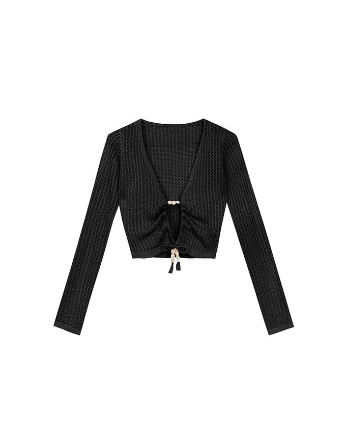 2 Way Ruched Openwork Crochet Knit Cardigan Top with Beaded Tassels