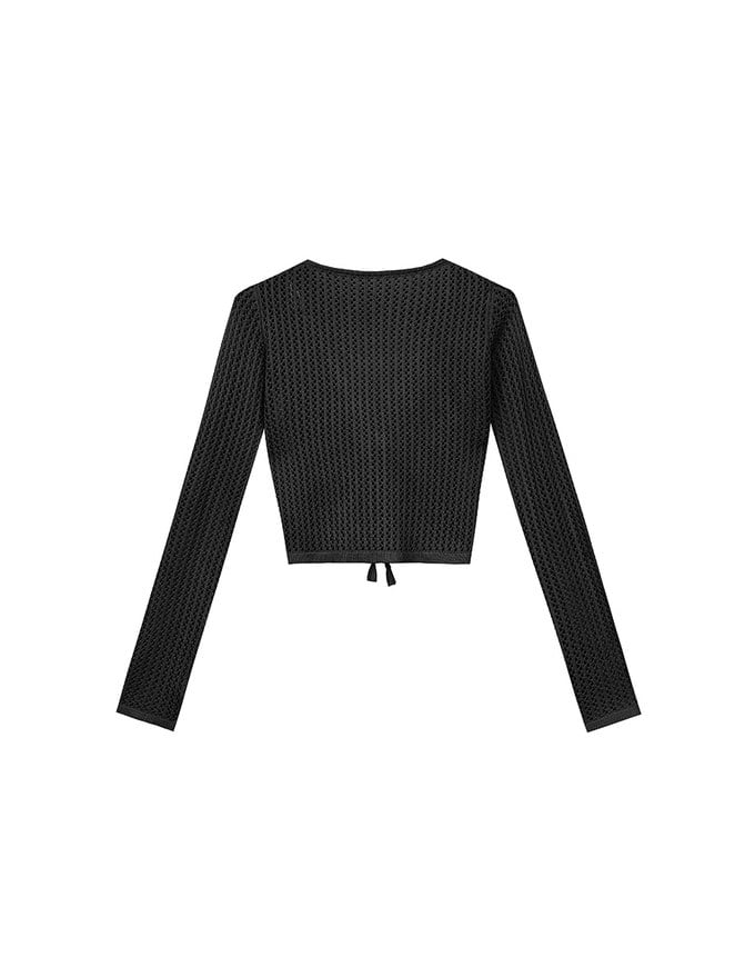 2 Way Ruched Openwork Crochet Knit Cardigan Top with Beaded Tassels