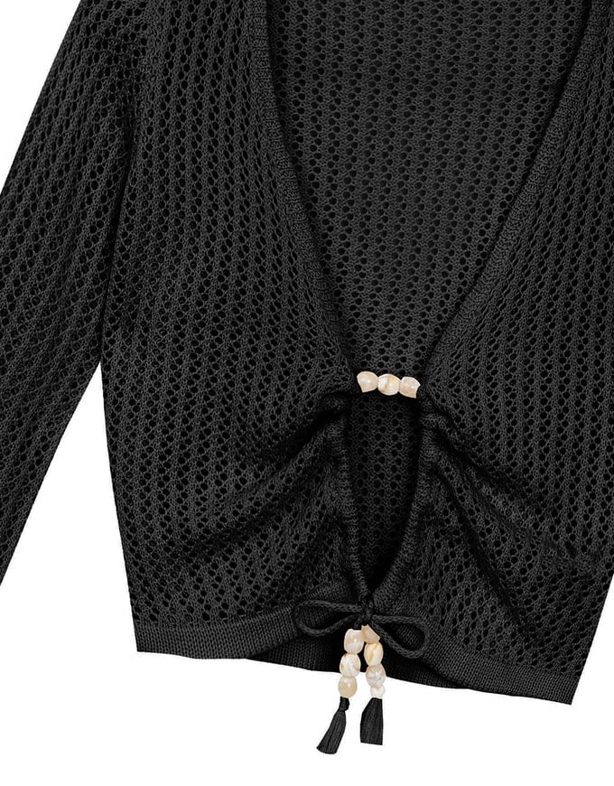 2 Way Ruched Openwork Crochet Knit Cardigan Top with Beaded Tassels