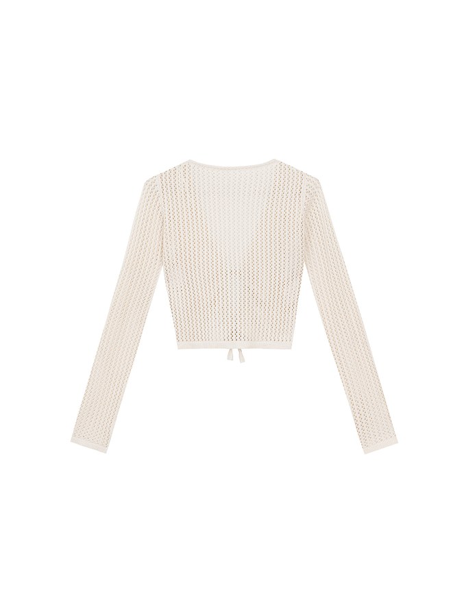 2 Way Ruched Openwork Crochet Knit Cardigan Top with Beaded Tassels