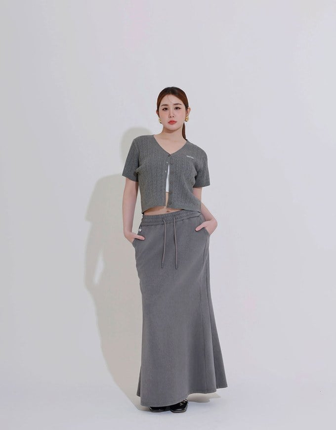 Cable Knit Cropped Cardigan Top with AIR SPACE Logo Embroidered