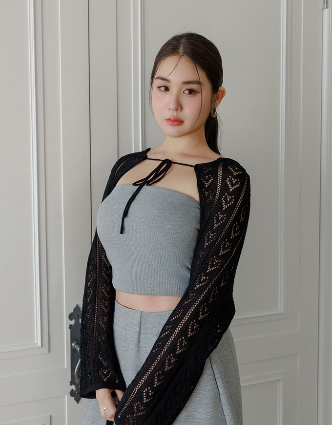 Open Knit Crop Cardigan with Heart Cut Outs Design
