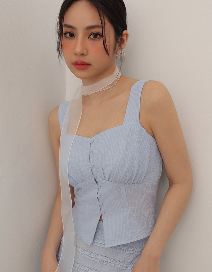 Ruched Front Sleeveless Vest Top with Button Accent