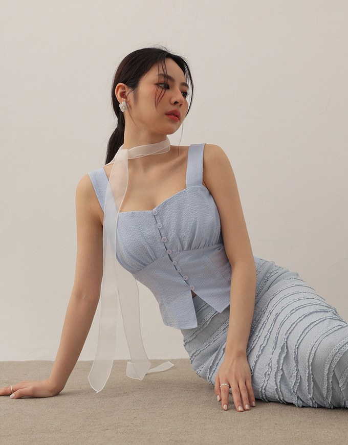 Ruched Front Sleeveless Vest Top with Button Accent