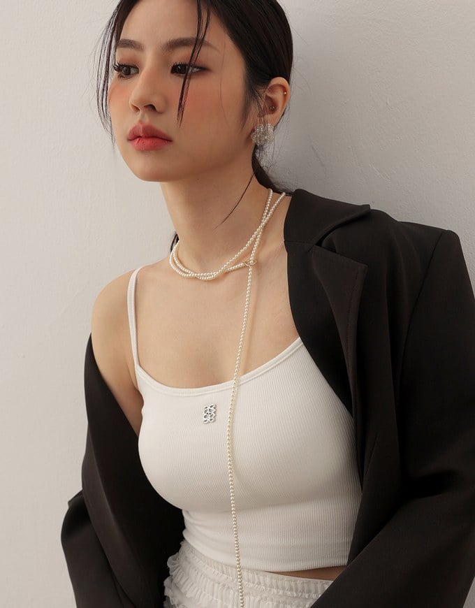 AIR SPACE Logo Embroidered Ribbed Spaghetti Strap Cami Padded Top
