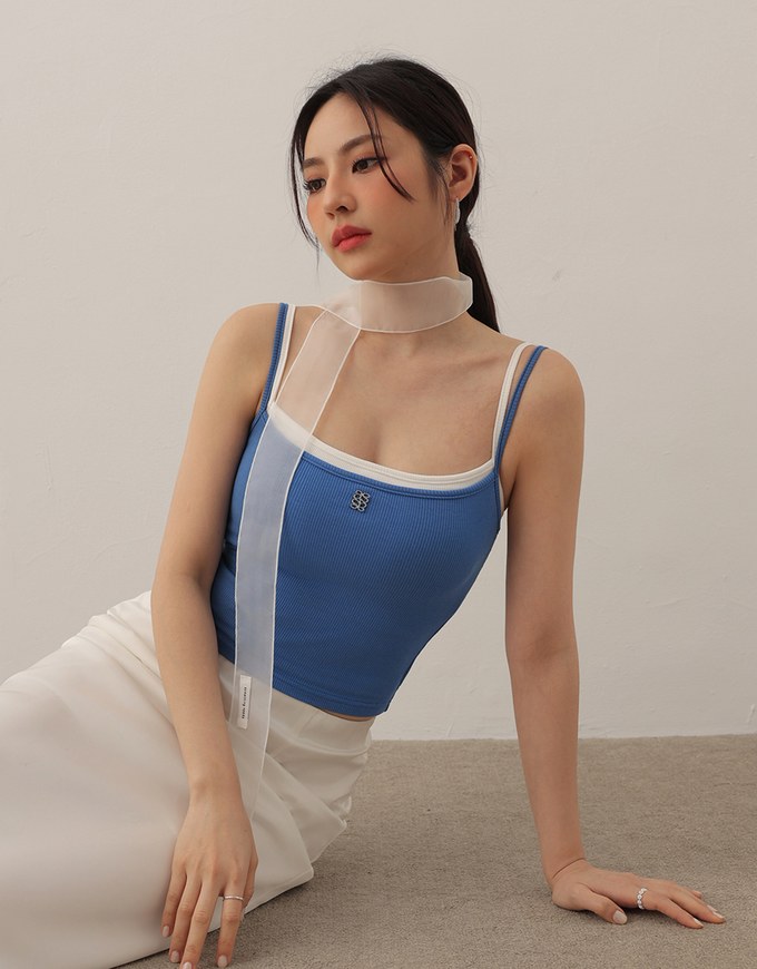 AIR SPACE Logo Embroidered Ribbed Spaghetti Strap Cami Padded Top