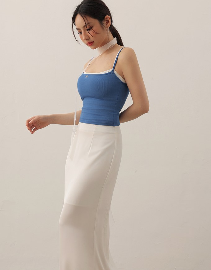AIR SPACE Logo Embroidered Ribbed Spaghetti Strap Cami Padded Top