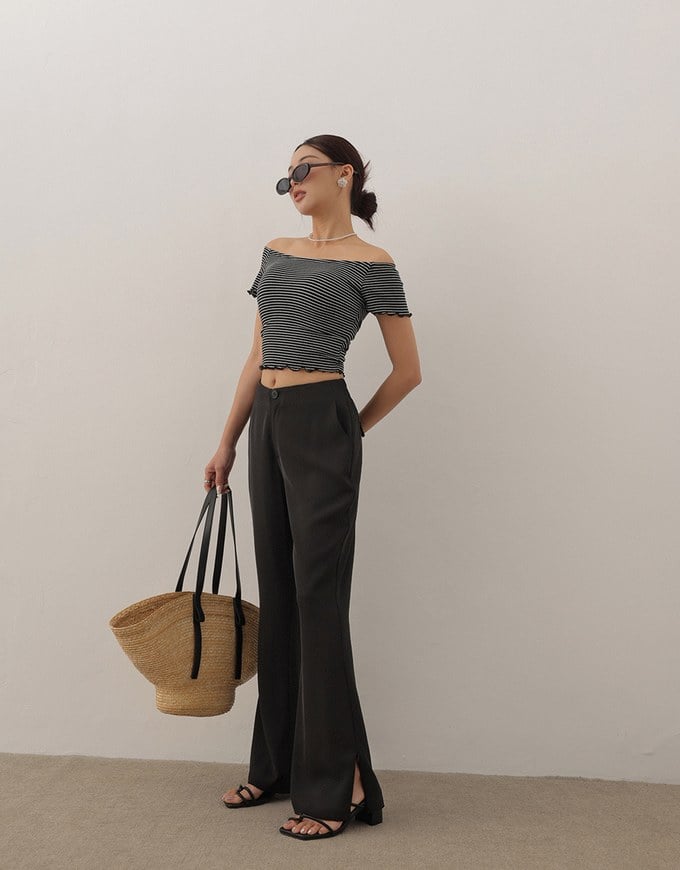 Striped Off Shoulder Lettuce Hem Padded Crop Top
