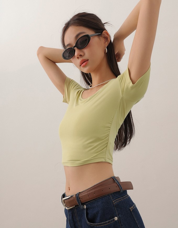Basic Essential 2 Way Stretch Crop Tee with Side Ruching Detail
