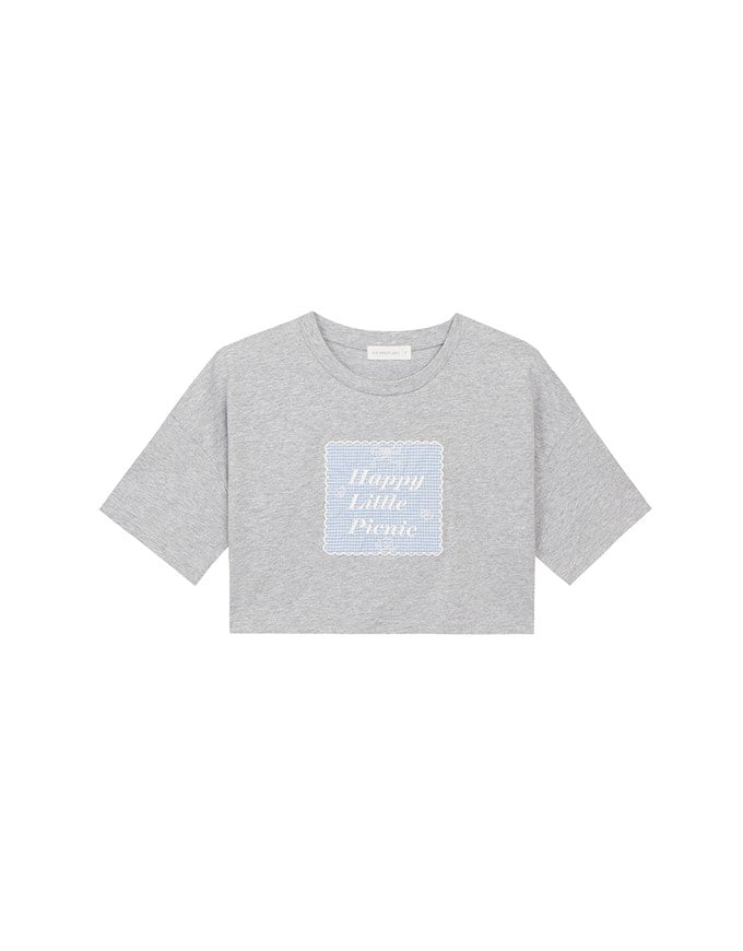 Cropped Cotton Short Sleeve Top with Gingham Embroidery Patch Design