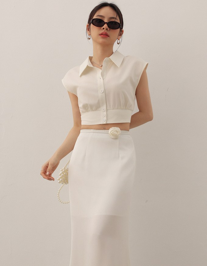 Cropped Button Down Collared Shirt with Cap Sleeves