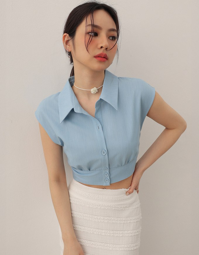 Cropped Button Down Collared Shirt with Cap Sleeves