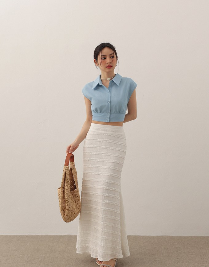 Cropped Button Down Collared Shirt with Cap Sleeves