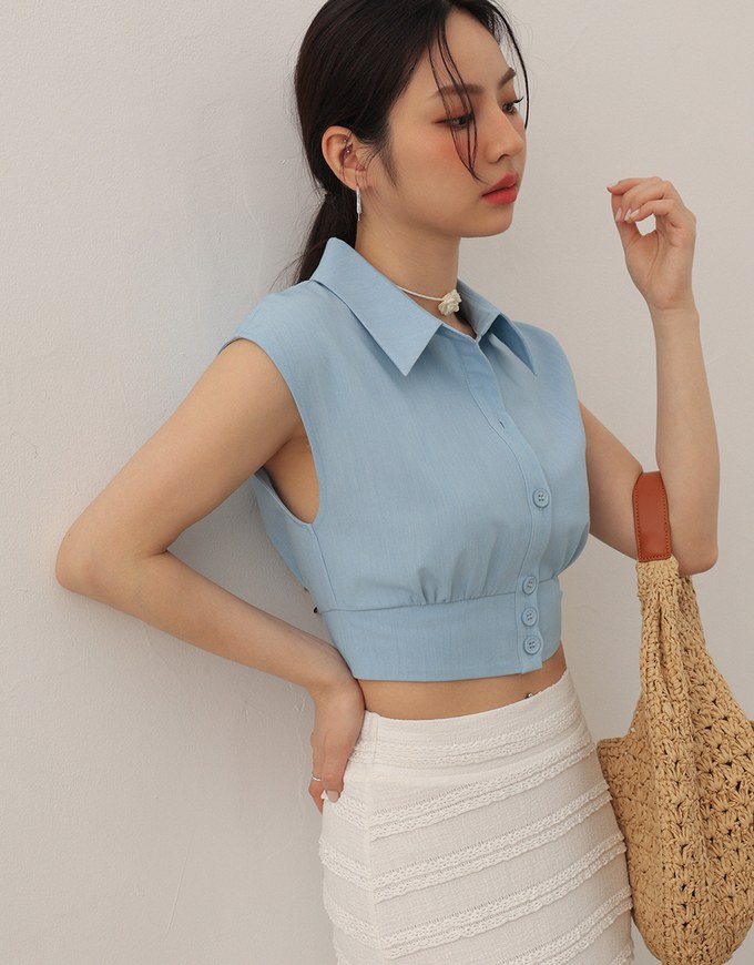 Cropped Button Down Collared Shirt with Cap Sleeves