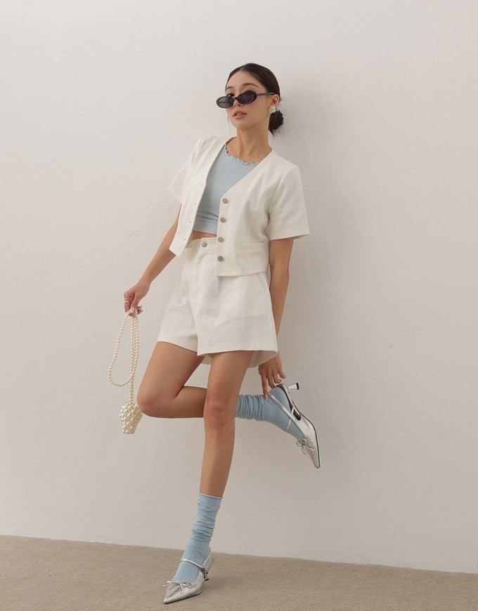 Tailored V Neck Button Front Short Sleeve Cropped Blazer Top