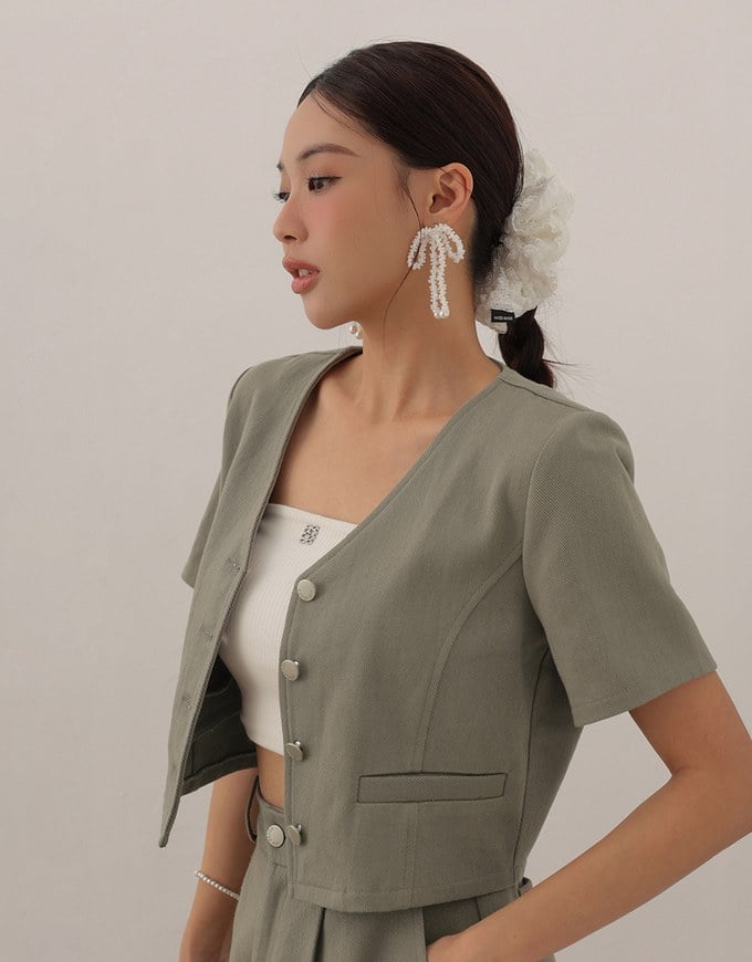 Tailored V Neck Button Front Short Sleeve Cropped Blazer Top
