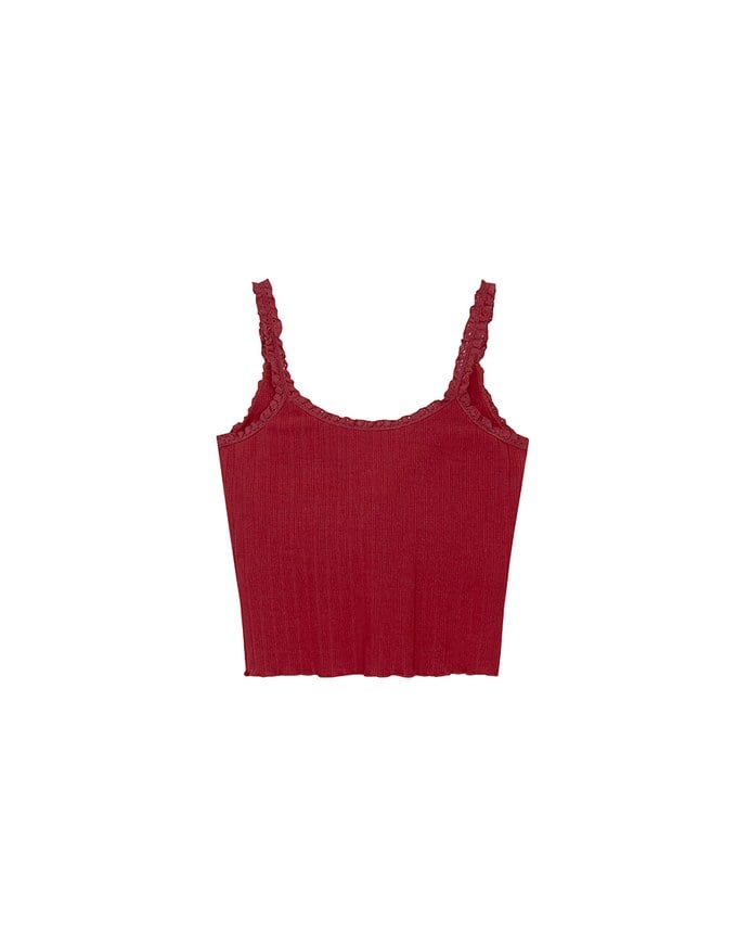 Lace Trimmed Ribbed Spaghetti Strap Padded Tank Top